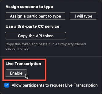 Zoom Live Audio Transcription Automatic Closed Captioning