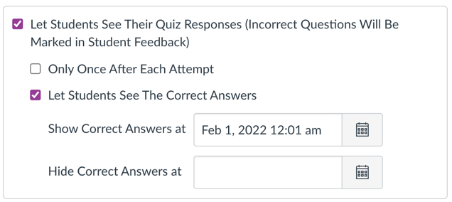 Allow students to see correct answers checked with a start date