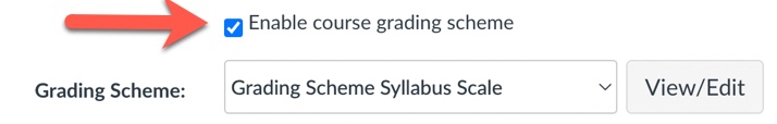 Arrow pointing to checkbox to left of Enable course grading scheme